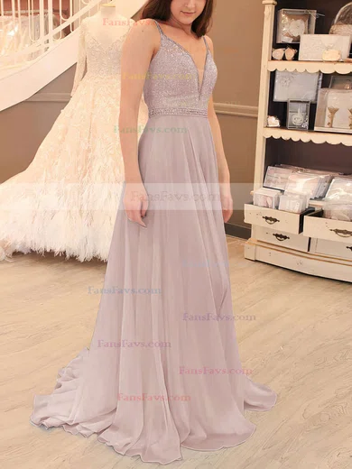 A-line V-neck Chiffon Sweep Train Beading Prom Dresses #Favs020105938