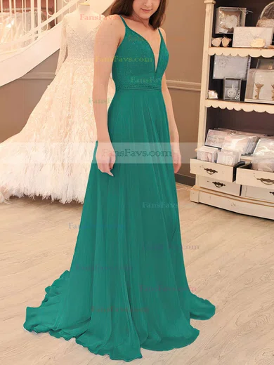 A-line V-neck Chiffon Sweep Train Beading Prom Dresses #Favs020105938