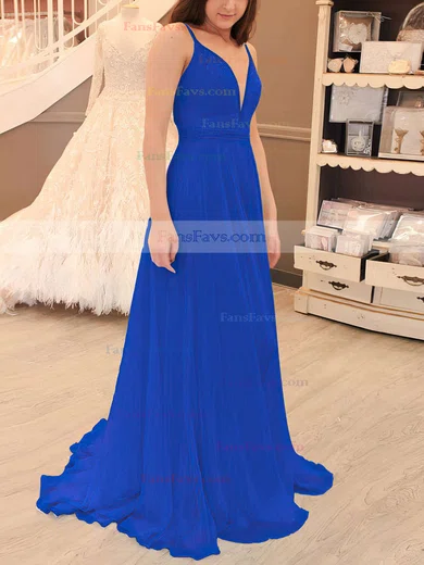 A-line V-neck Chiffon Sweep Train Beading Prom Dresses #Favs020105938
