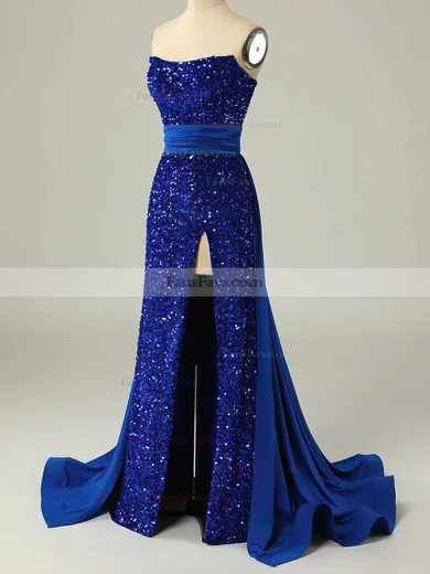 Sheath/Column Strapless Sequined Detachable Prom Dresses With Split Front #Favs020115427
