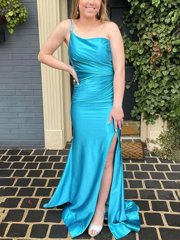 Trumpet/Mermaid One Shoulder Jersey Sweep Train Prom Dresses With Split Front #Favs020115434