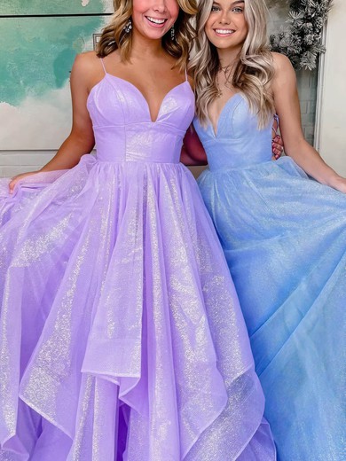 Princess V-neck Glitter Sweep Train Prom Dresses With Cascading Ruffles #Favs020115437