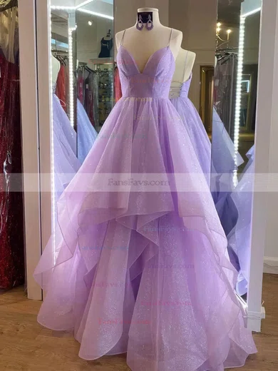 Princess V-neck Glitter Sweep Train Prom Dresses With Cascading Ruffles #Favs020115437