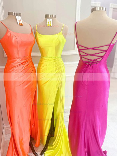 Sheath/Column Scoop Neck Silk-like Satin Sweep Train Prom Dresses With Split Front #Favs020115439