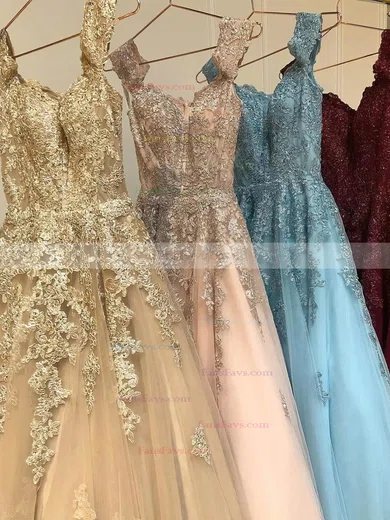 Princess Off-the-shoulder Tulle Sweep Train Prom Dresses With Appliques Lace #Favs020115440