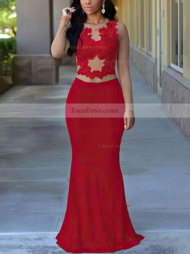 Trumpet/Mermaid Scoop Neck Jersey Floor-length Appliques Lace Prom Dresses #Favs020105949