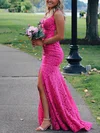 Sheath/Column V-neck Lace Sweep Train Prom Dresses #Favs020115457