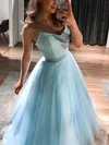 Princess V-neck Tulle Sweep Train Prom Dresses With Appliques Lace #Favs020115463