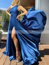 A-line One Shoulder Silk-like Satin Sweep Train Prom Dresses With Split Front #Favs020115489