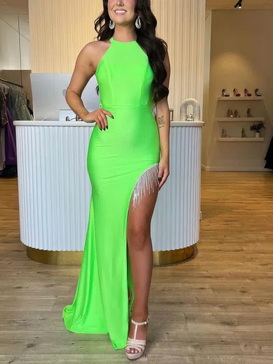 Sheath/Column Halter Jersey Sweep Train Prom Dresses With Split Front #Favs020115510
