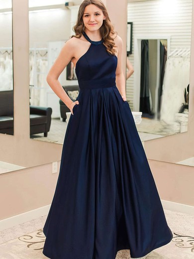 A-line Halter Satin Floor-length Pockets Prom Dresses #Favs020105946