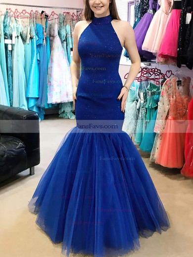 Trumpet/Mermaid High Neck Tulle Sweep Train Prom Dresses With Beading #Favs020115532