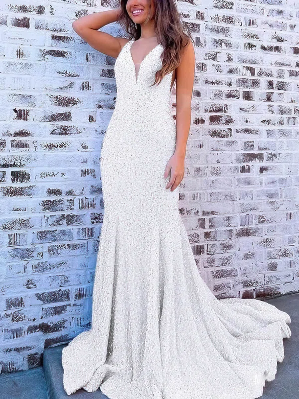 Trumpet/Mermaid V-neck Sequined Sweep Train Prom Dresses #Favs020115533