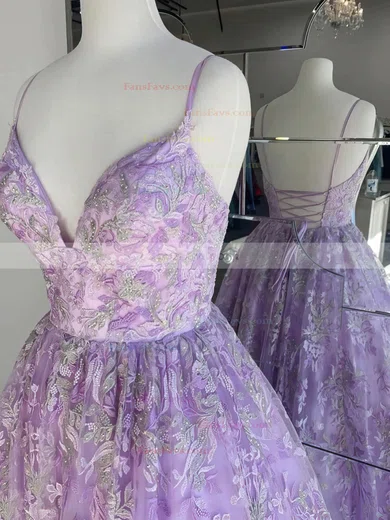 Ball Gown V-neck Tulle Floor-length Prom Dresses With Appliques Lace #Favs020115540