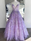 Ball Gown V-neck Tulle Floor-length Prom Dresses With Appliques Lace #Favs020115540