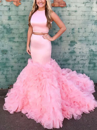 Trumpet/Mermaid Scoop Neck Organza Silk-like Satin Sweep Train Cascading Ruffles Prom Dresses #Favs020105929