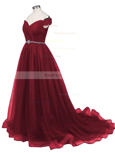 Ball Gown Off-the-shoulder Tulle Sweep Train Beading Prom Dresses #Favs020102612