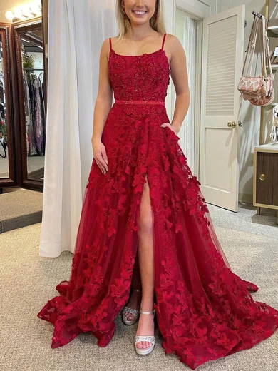 A-line Scoop Neck Tulle Sweep Train Prom Dresses With Pockets #Favs020115571