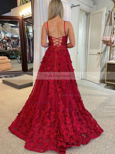 A-line Scoop Neck Tulle Sweep Train Prom Dresses With Pockets #Favs020115571