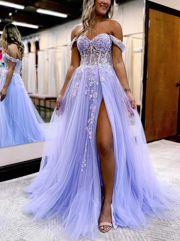 A-line Off-the-shoulder Tulle Glitter Sweep Train Prom Dresses With Split Front #Favs020115577