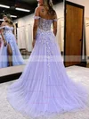 A-line Off-the-shoulder Tulle Glitter Sweep Train Prom Dresses With Split Front #Favs020115577