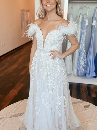 A-line Off-the-shoulder Tulle Sweep Train Prom Dresses With Feathers / Fur #Favs020115585