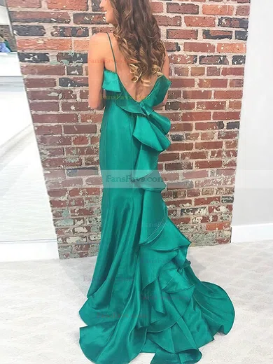 Sheath/Column Square Neckline Satin Sweep Train Prom Dresses With Cascading Ruffles #Favs020115586