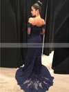 Sheath/Column Off-the-shoulder Silk-like Satin Sweep Train Appliques Lace Prom Dresses #Favs020105935