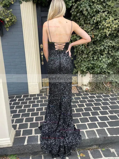 Sheath/Column V-neck Sequined Sweep Train Prom Dresses With Split Front #Favs020115593