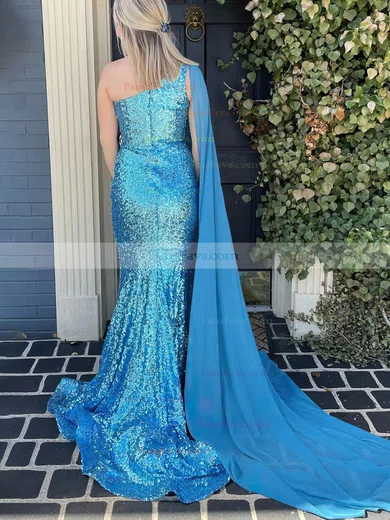 Sheath/Column One Shoulder Chiffon Sequined Sweep Train Prom Dresses With Split Front #Favs020115594