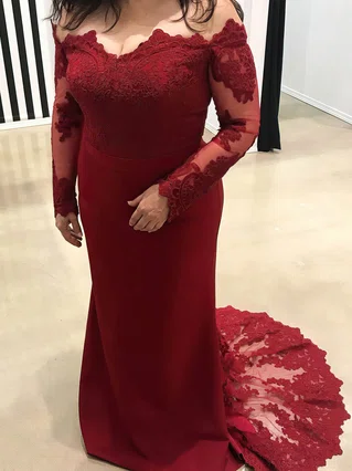 Sheath/Column Off-the-shoulder Silk-like Satin Sweep Train Appliques Lace Prom Dresses #Favs020105937