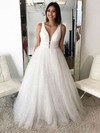A-line V-neck Tulle Sequined Floor-length Beading Prom Dresses #Favs020105936