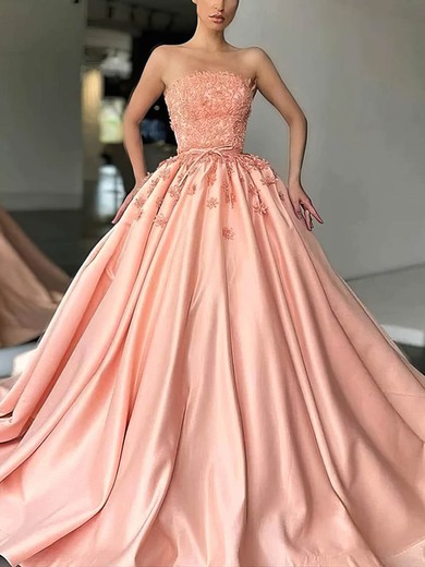 Ball Gown Strapless Satin Sweep Train Prom Dresses With Sashes / Ribbons #Favs020115626