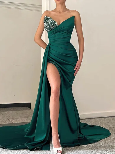 Sheath/Column V-neck Satin Sweep Train Prom Dresses With Split Front #Favs020115633