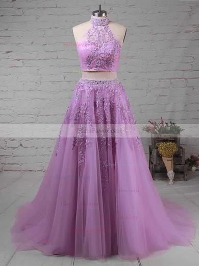 A-line High Neck Tulle Sweep Train Beading Prom Dresses #Favs020105939