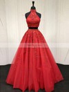 A-line High Neck Tulle Sweep Train Beading Prom Dresses #Favs020105939