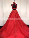 A-line High Neck Tulle Sweep Train Beading Prom Dresses #Favs020105939