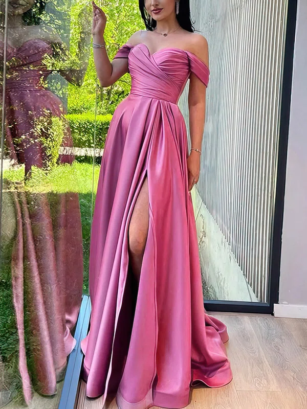 A-line Off-the-shoulder Satin Sweep Train Prom Dresses With Split Front #Favs020115636