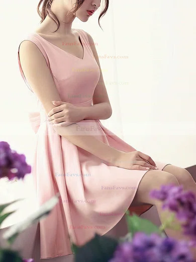 A-line V-neck Satin Short/Mini Bow Short Prom Dresses #Favs020020108856