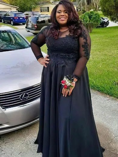 A-line Scoop Neck Chiffon Floor-length Appliques Lace prom dress #Favs020105954