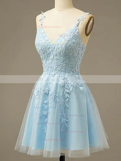 A-line V-neck Lace Tulle Short/Mini Short Prom Dresses With Appliques Lace #Favs020020110571