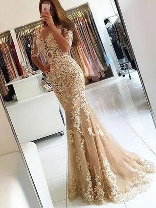 Trumpet/Mermaid Scoop Neck Tulle Sweep Train Appliques Lace Prom Dresses #Favs020102800 Trumpet/Mermaid Scoop Neck Tulle Sweep Train Appliques Lace Prom Dresses #Favs020102800