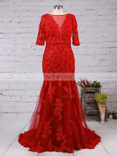 Trumpet/Mermaid Scoop Neck Tulle Sweep Train Appliques Lace Prom Dresses #Favs020102800