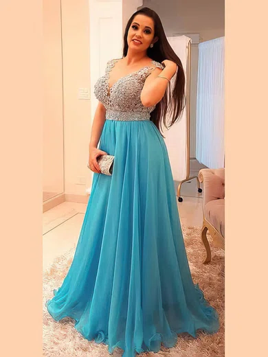 A-line V-neck Chiffon Floor-length Beading prom dress #Favs020105958