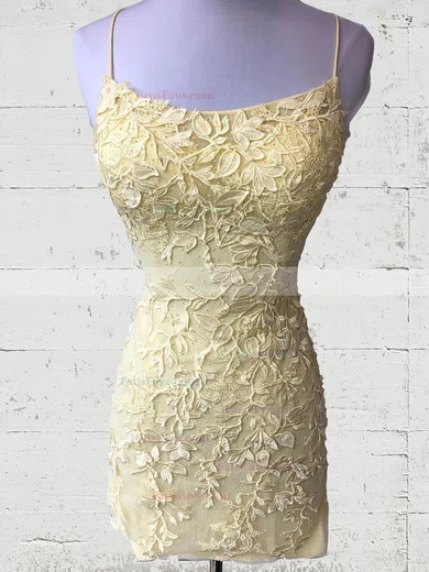 Sheath/Column Scoop Neck Tulle Lace Short/Mini Short Prom Dresses With Appliques Lace #Favs020020111392