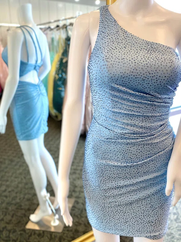 Sheath/Column One Shoulder Silk-like Satin Short/Mini Short Prom Dresses With Crystal Detailing #Favs020020109819
