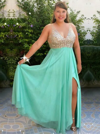 A-line V-neck Chiffon Floor-length Beading prom dress #Favs020105959
