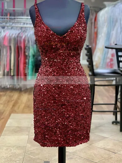 Sheath/Column V-neck Sequined Short/Mini Short Prom Dresses #Favs020020110574