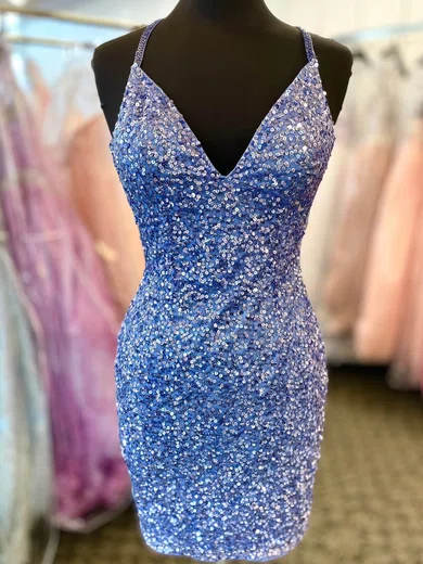 Sheath/Column V-neck Sequined Short/Mini Short Prom Dresses #Favs020020109823