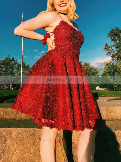 A-line Scoop Neck Tulle Lace Knee-length Short Prom Dresses With Appliques Lace #Favs020020111401